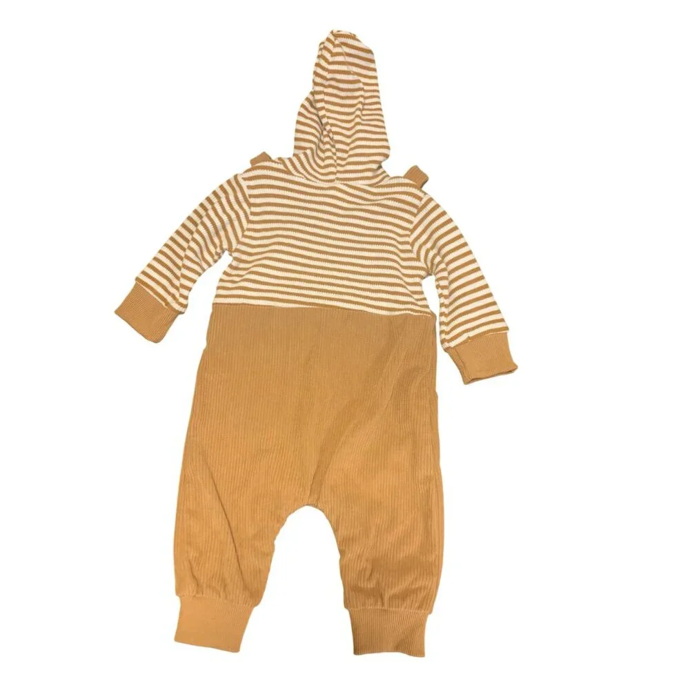3-6M Hooded Baby Overall Bodysuit Elephant Applique Design Stripes Cotton‎